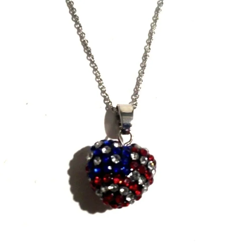 Women's Silver Heart Rhinestone Necklace American Flag  -  Patriotic  Jewelry